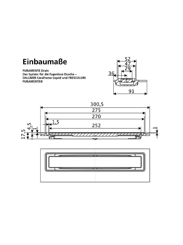 Duschrinne CeraFrame Liquid, 270 x 47 mm